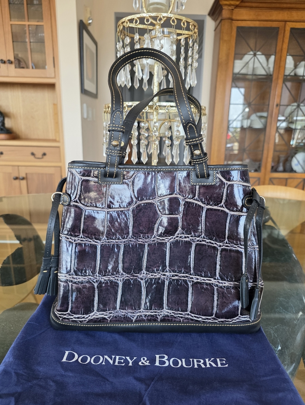 New, D&B Crocodile-Embossed Double Strap Tassel Tote Bag - Picture 6 of 16
